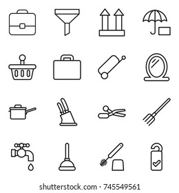 thin line icon set : portfolio, funnel, cargo top sign, basket, suitcase, mirror, saute pan, knife holder, scissors, fork, water tap, plunger, toilet brush, please clean