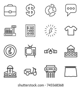 thin line icon set : portfolio, dollar, circle diagram, message, cashbox, abacus, lightning, t shirt, info, tv, drawbridge, cottage, mansion, scooter shipping, antique column, curtain