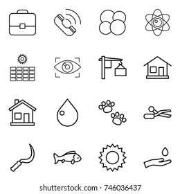 thin line icon set : portfolio, call, atom core, sun power, eye identity, loading, home, drop, pets, scissors, sickle, fish, hand and