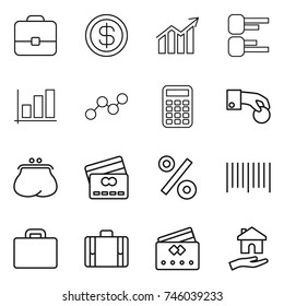 thin line icon set : portfolio, dollar, diagram, graph, calculator, hand coin, purse, credit card, percent, bar code, suitcase, housing