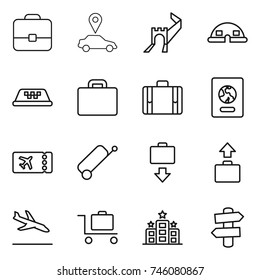 thin line icon set : portfolio, car pointer, greate wall, dome house, taxi, suitcase, passport, ticket, baggage get, arrival, trolley, hotel, signpost