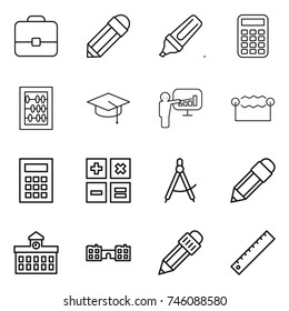 thin line icon set : portfolio, pencil, marker, calculator, abacus, graduate hat, presentation, electrostatic, draw compass, university, school, ruler