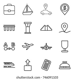 thin line icon set : portfolio, boat, car pointer, dollar pin, bridge, airport tower, pyramid, geo, route a to b, plane, fragile, train, baggage, inflatable mattress, service bell