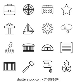 thin line icon set : portfolio, target, calendar, star, gift, boat, round around, cloude service, infinity power, airport building, hangare, rack, window, meat hammer, mixer, fire