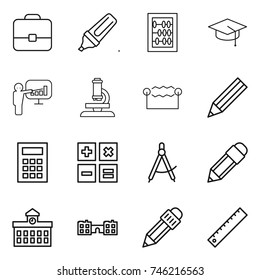thin line icon set : portfolio, marker, abacus, graduate hat, presentation, microscope, electrostatic, pencil, calculator, draw compass, university, school, ruler