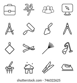 thin line icon set : portfolio, 24 7, group, monitor arrow, draw compass, repair, construction, drawing compasses, rag, pruner, rake, vacuum cleaner, house cleaning, clothespin, iron