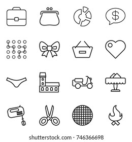 thin line icon set : portfolio, purse, circle diagram, money message, chip, bow, remove from basket, heart, underpants, mansion, scooter shipping, restaurant, mixer, scissors, sieve, fire