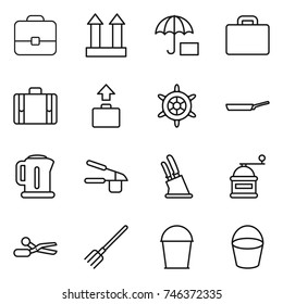 thin line icon set : portfolio, cargo top sign, suitcase, baggage, handwheel, pan, kettle, garlic clasp, knife holder, hand mill, scissors, fork, bucket