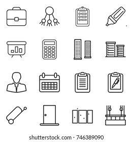 thin line icon set : portfolio, share, clipboard, marker, presentation, calculator, skyscrapers, district, client, calendar, pen, suitcase, door, clean window, skysrcapers cleaning