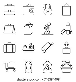 thin line icon set : portfolio, wallet, money gift, shopping bag, tourist, passenger, suitcase, baggage checking, trolley, flour, garbage, washing powder