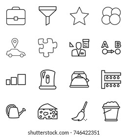 thin line icon set : portfolio, funnel, star, atom core, car pointer, puzzle, architector, route a to b, sorting, kettle, watering, can, cheese, broom, foam bucket
