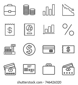 thin line icon set : portfolio, coin stack, graph, crisis, receipt, annual report, percent, cashbox, dollar, credit card, invoice, suitcase