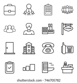 thin line icon set : portfolio, share, clipboard, team, group, woman, store, signboard, door, building, phone, check, sorting, hotel, reception