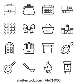 thin line icon set : portfolio, purse, calendar, truck, chip, bow, remove from basket, castle, arch window, dresser, stool, pan, ladle, fire, hive