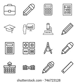 thin line icon set : portfolio, pencil, calculator, abacus, graduate hat, presentation, microscope, draw compass, university, school, ruler