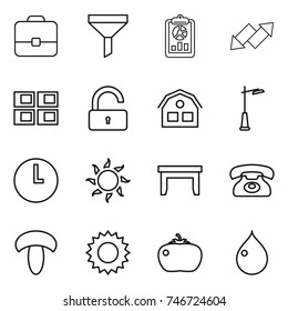 thin line icon set : portfolio, funnel, report, up down arrow, panel house, unlock, outdoor light, clock, sun, table, phone, mushroom, tomato, drop