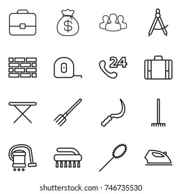 thin line icon set : portfolio, money bag, group, draw compass, brick wall, measuring tape, phone 24, suitcase, iron board, fork, sickle, rake, vacuum cleaner, brush, duster