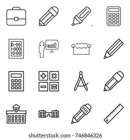 thin line icon set : portfolio, pencil, marker, calculator, abacus, presentation, electrostatic, draw compass, university, school, ruler