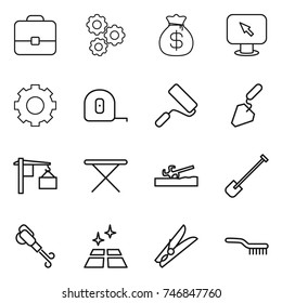 thin line icon set : portfolio, gear, money bag, monitor arrow, measuring tape, repair, construction, loading, iron board, soil cutter, shovel, blower, clean floor, clothespin, brush