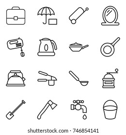 thin line icon set : portfolio, insurance, suitcase, mirror, mixer, kettle, pan, garlic clasp, ladle, hand mill, shovel, axe, water tap, bucket