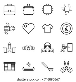 thin line icon set : portfolio, purse, chip, satellite, heart, t shirt, info, castle, drawbridge, cottage, courier delivery, wardrobe, hanger, ladle, scissors