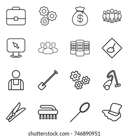 thin line icon set : portfolio, gear, money bag, team, monitor arrow, group, server, under construction, workman, shovel, gears, vacuum cleaner, clothespin, brush, duster, floor washing