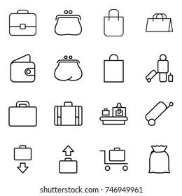 thin line icon set : portfolio, purse, shopping bag, wallet, passenger, suitcase, baggage checking, get, trolley, flour