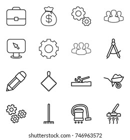 thin line icon set : portfolio, money bag, gear, group, monitor arrow, draw compass, pencil, rag, soil cutter, wheelbarrow, gears, rake, vacuum cleaner