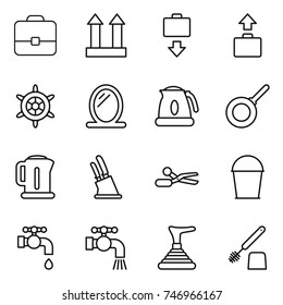 thin line icon set : portfolio, cargo top sign, baggage get, handwheel, mirror, kettle, pan, knife holder, scissors, bucket, water tap, plunger, toilet brush