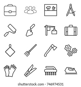 thin line icon set : portfolio, group, tools, draw compass, repair, construction, loading, suitcase, rag, fork, axe, gears, gloves, clothespin, brush, iron