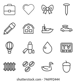 thin line icon set : portfolio, heart, bow, nail, pencil, house, sea shipping, car baggage, air ballon, passenger, drop, tv, radiator, coffee seeds, goose, acorn