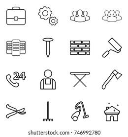 thin line icon set : portfolio, gear, group, server, nail, brick wall, repair, phone 24, workman, iron board, axe, pruner, rake, vacuum cleaner, house cleaning