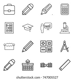 thin line icon set : portfolio, pencil, marker, calculator, abacus, graduate hat, presentation, microscope, electrostatic, draw compass, university, school, ruler
