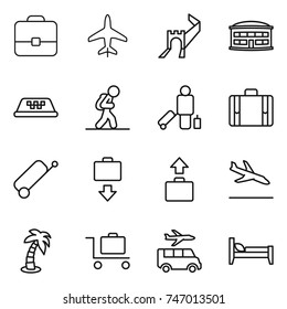 thin line icon set : portfolio, plane, greate wall, airport building, taxi, tourist, passenger, suitcase, baggage get, arrival, palm, trolley, transfer, bed