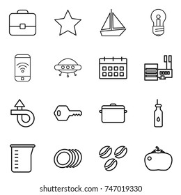 thin line icon set : portfolio, star, boat, bulb, phone wireless, ufo, calendar, mall, trip, key, pan, vegetable oil, measuring cup, plates, coffee seeds, tomato