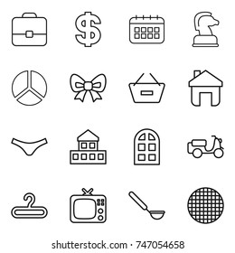 thin line icon set : portfolio, dollar, calendar, chess horse, diagram, bow, remove from basket, home, underpants, cottage, arch window, scooter shipping, hanger, tv, ladle, sieve