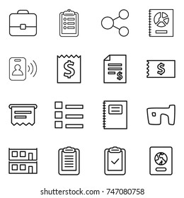 thin line icon set : portfolio, clipboard, share, annual report, pass card, receipt, account balance, atm, list, copybook, slum, modular house, check, passport