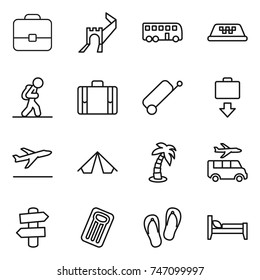 thin line icon set : portfolio, greate wall, bus, taxi, tourist, suitcase, baggage get, departure, tent, palm, transfer, signpost, inflatable mattress, flip flops, bed