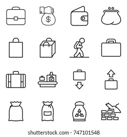 thin line icon set : portfolio, money gift, wallet, purse, shopping bag, tourist, suitcase, baggage checking, get, flour, fertilizer, construct garbage