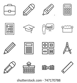 thin line icon set : portfolio, pencil, marker, calculator, abacus, graduate hat, presentation, electrostatic, draw compass, university, school, ruler