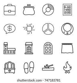 thin line icon set : portfolio, purse, circle diagram, abacus, money message, chip, necklace, mansion, building, arch window, curtain, dresser, slippers, soil cutter, fire