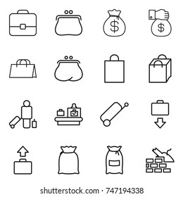 thin line icon set : portfolio, purse, money bag, gift, shopping, passenger, baggage checking, suitcase, get, flour, construct garbage