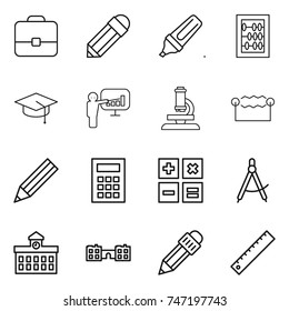 thin line icon set : portfolio, pencil, marker, abacus, graduate hat, presentation, microscope, electrostatic, calculator, draw compass, university, school, ruler