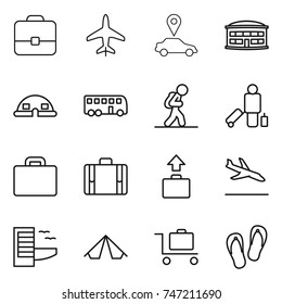 thin line icon set : portfolio, plane, car pointer, airport building, dome house, bus, tourist, passenger, suitcase, baggage, arrival, hotel, tent, trolley, flip flops