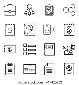 thin line icon set : portfolio, share, report, receipt, annual, pass card, list, copybook, architector, clipboard, invoice, document, passport