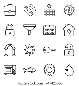 thin line icon set : portfolio, call, sun power, lock, funnel, calendar, smart house, arch, key, unlocked, grill oven, fish, drop