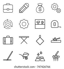 thin line icon set : portfolio, pencil, money bag, gear, around, tools, measuring tape, suitcase, iron board, rag, soil cutter, rake, wheelbarrow, clean floor, vacuum cleaner
