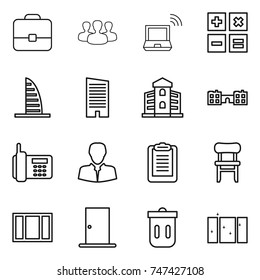 thin line icon set : portfolio, group, notebook wireless, calculator, skyscraper, building, school, phone, client, clipboard, chair, window, door, trash bin, clean