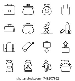 thin line icon set : portfolio, purse, money bag, shopping, tourist, passenger, suitcase, baggage get, flour, fertilizer, trash, washing powder