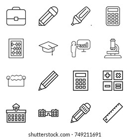 thin line icon set : portfolio, pencil, marker, calculator, abacus, graduate hat, presentation, microscope, electrostatic, university, school, ruler